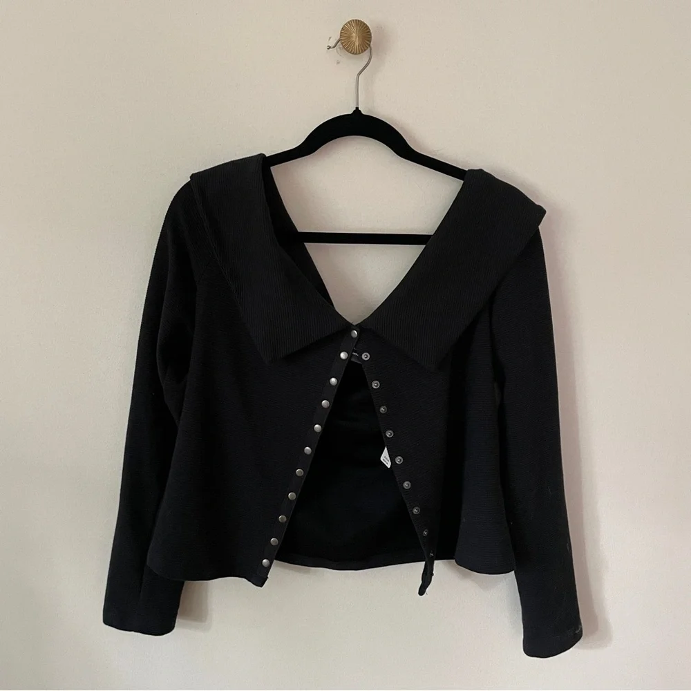 NWT Maeve Anthropologie Ribbed Off Shoulder Snap Button cardigan top w/ collar L - Picture 8 of 10